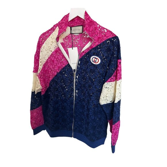 Gucci Lace Bomber Jacket Pink Navy Cream Zip-Up Logo Patch - Picture 5 of 16